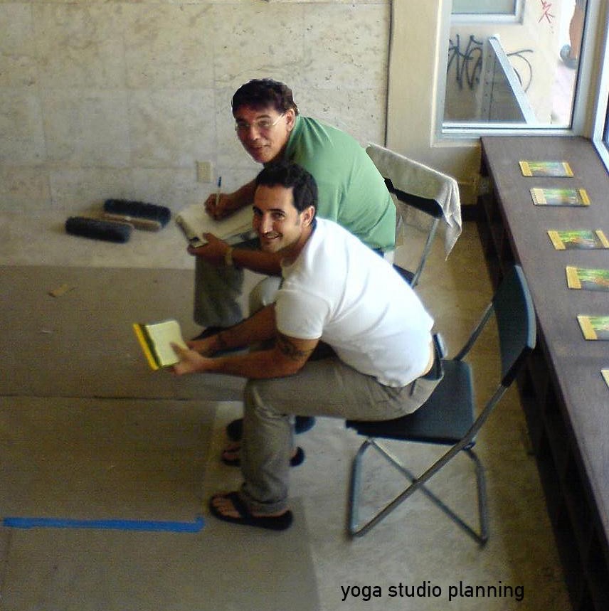 Martin Espinosa and a client on location consulting on the development of a yoga studio in Miami, Florida. Crystal Construction Consulting